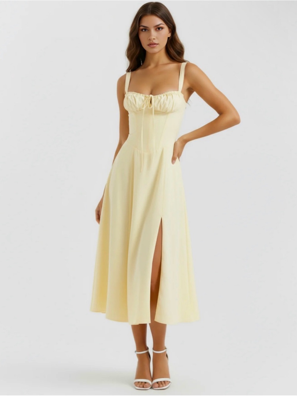 Aurora
Light Yellow Cotton Midi Dress with Corset & Side Split - Picture 2 of 4
